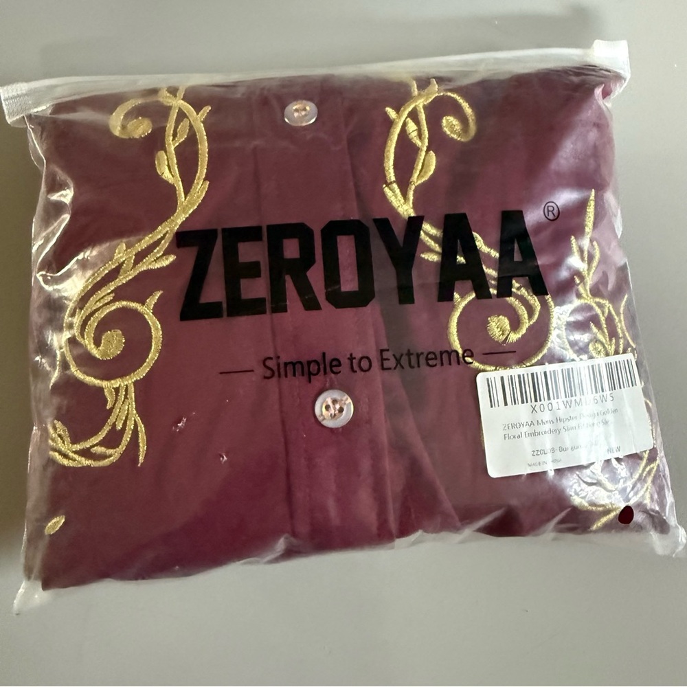 Burgundy Shirt Gold Embroidery Zeroyaa Mens XLarge XL red button down NWT NEW - Picture 11 of 14